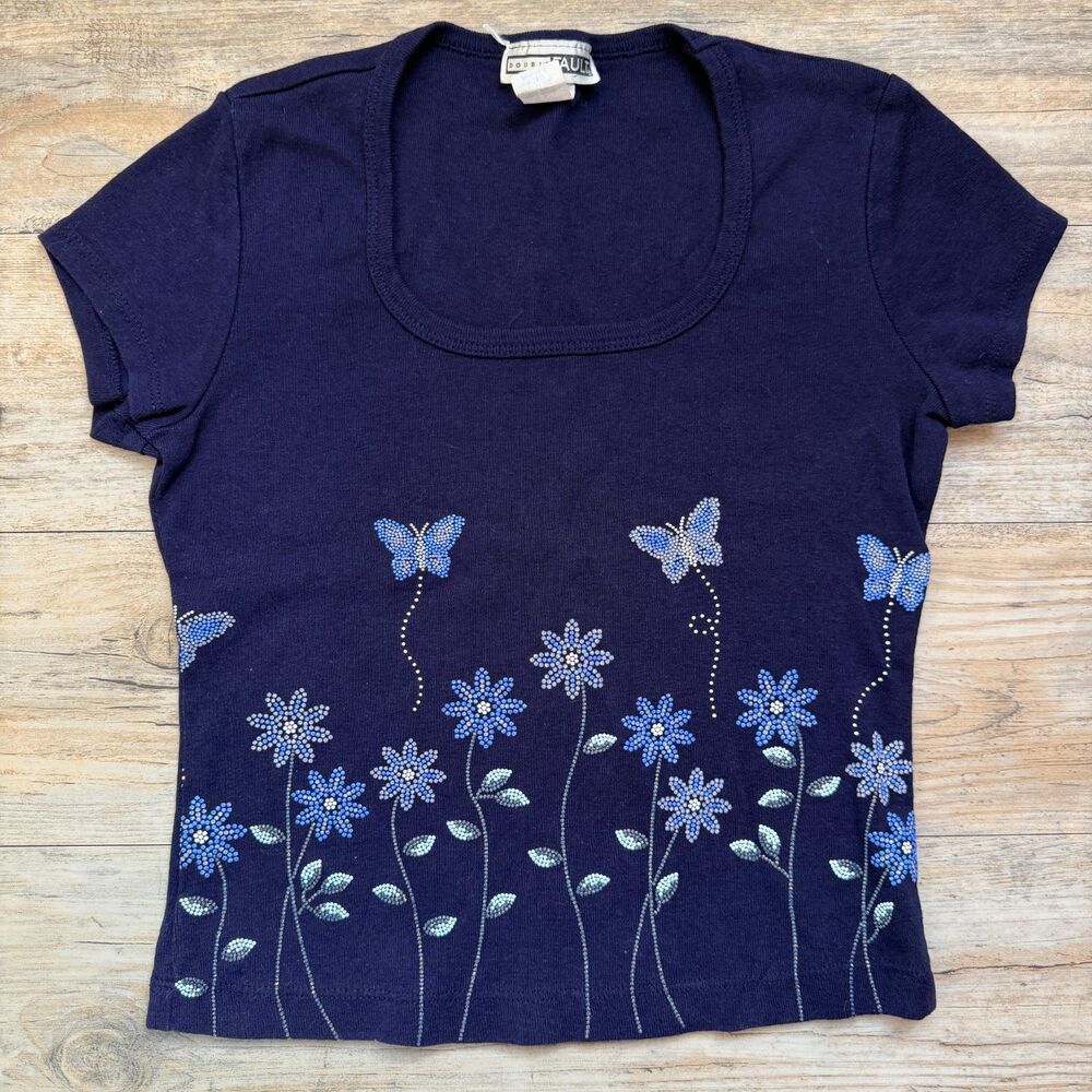 Vintage Y2K Double Fault Rhinestone Butterfly Floral Baby Tee Small Navy Blue
